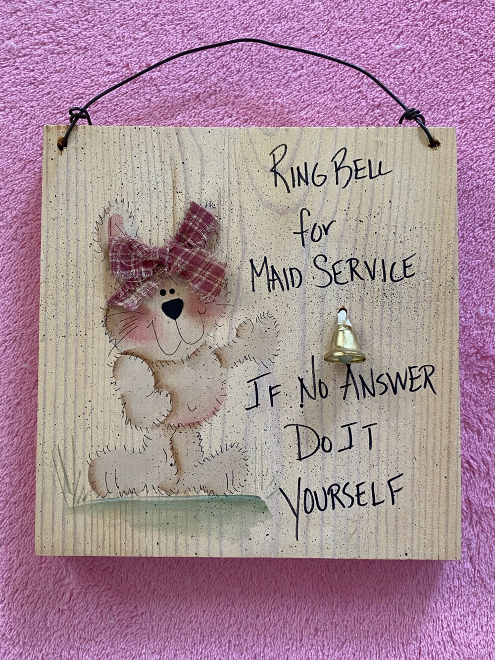 Handmade Cottagecore Wooden Bell Sign Plaid Bow Bunny Country Kitchen Decor